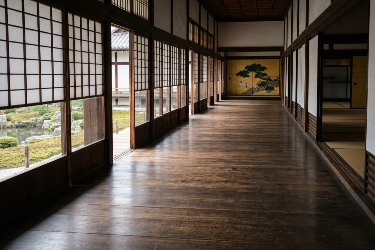 a long polished wooden corridor lit through shoji screens, gold-leaf painted doors at the far end