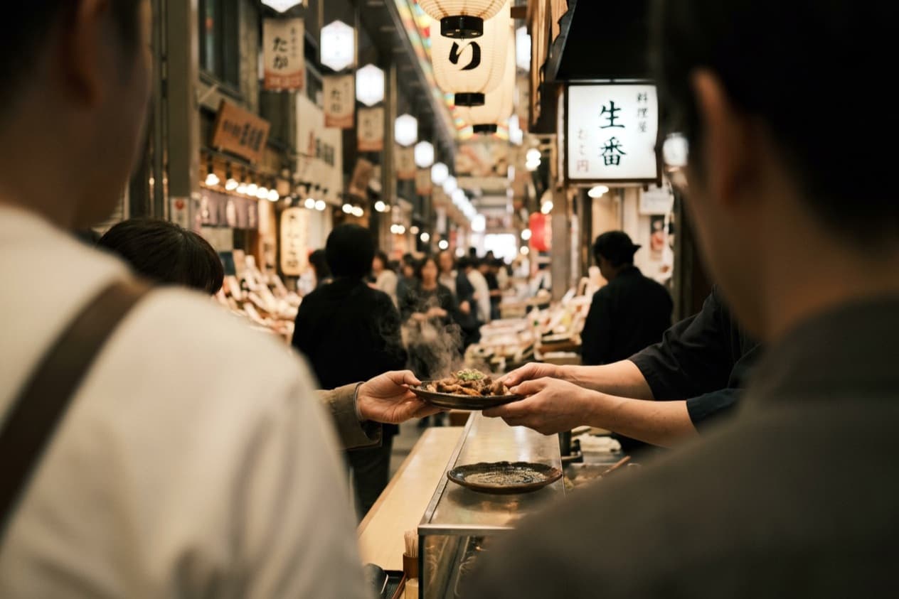 hands passing a small plate of food across a market counter, the covered arcade and its hanging signs behind