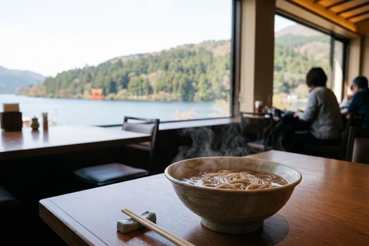 a steaming bowl of noodles on a window table, Lake Ashi and its red torii beyond the glass