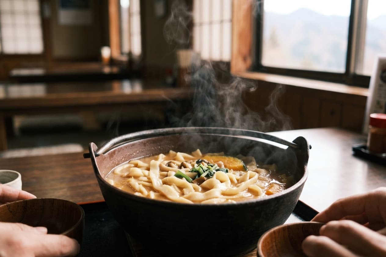 an iron pot of houtou noodles steaming on a wooden table, hands resting around wooden bowls