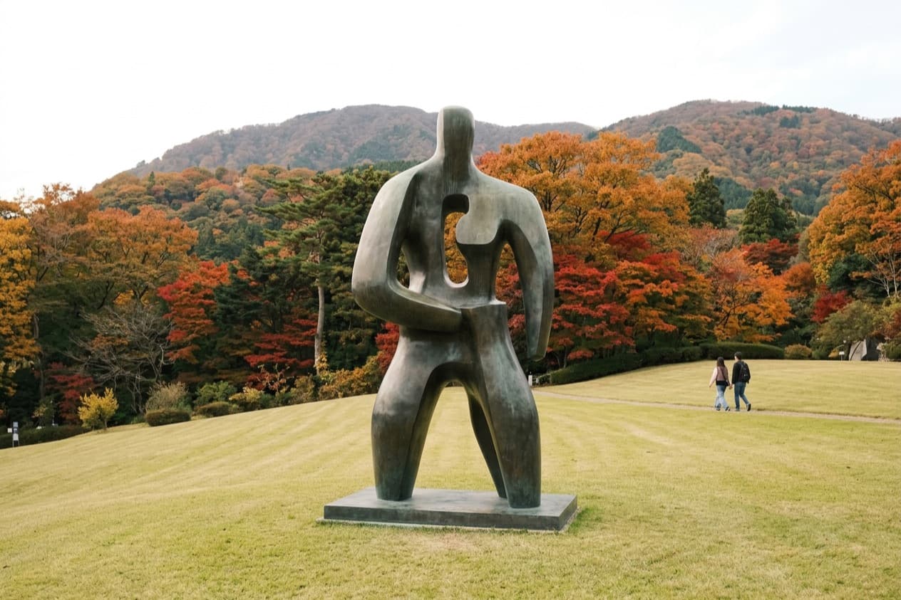 a large abstract bronze figure on a lawn, an autumn hillside behind it and two visitors small on the path