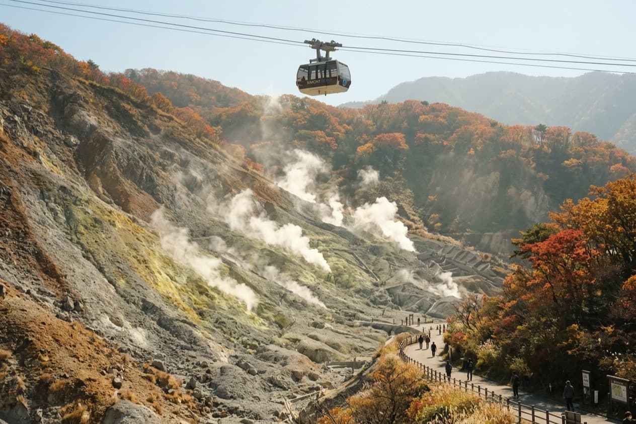 steam venting from the sulphur-yellow slopes of Owakudani, a ropeway gondola crossing above, autumn colour on the ridges