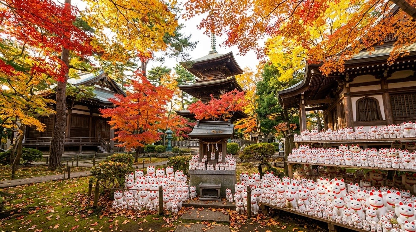 hundreds of white beckoning-cat figurines at Gotokuji temple under autumn maples